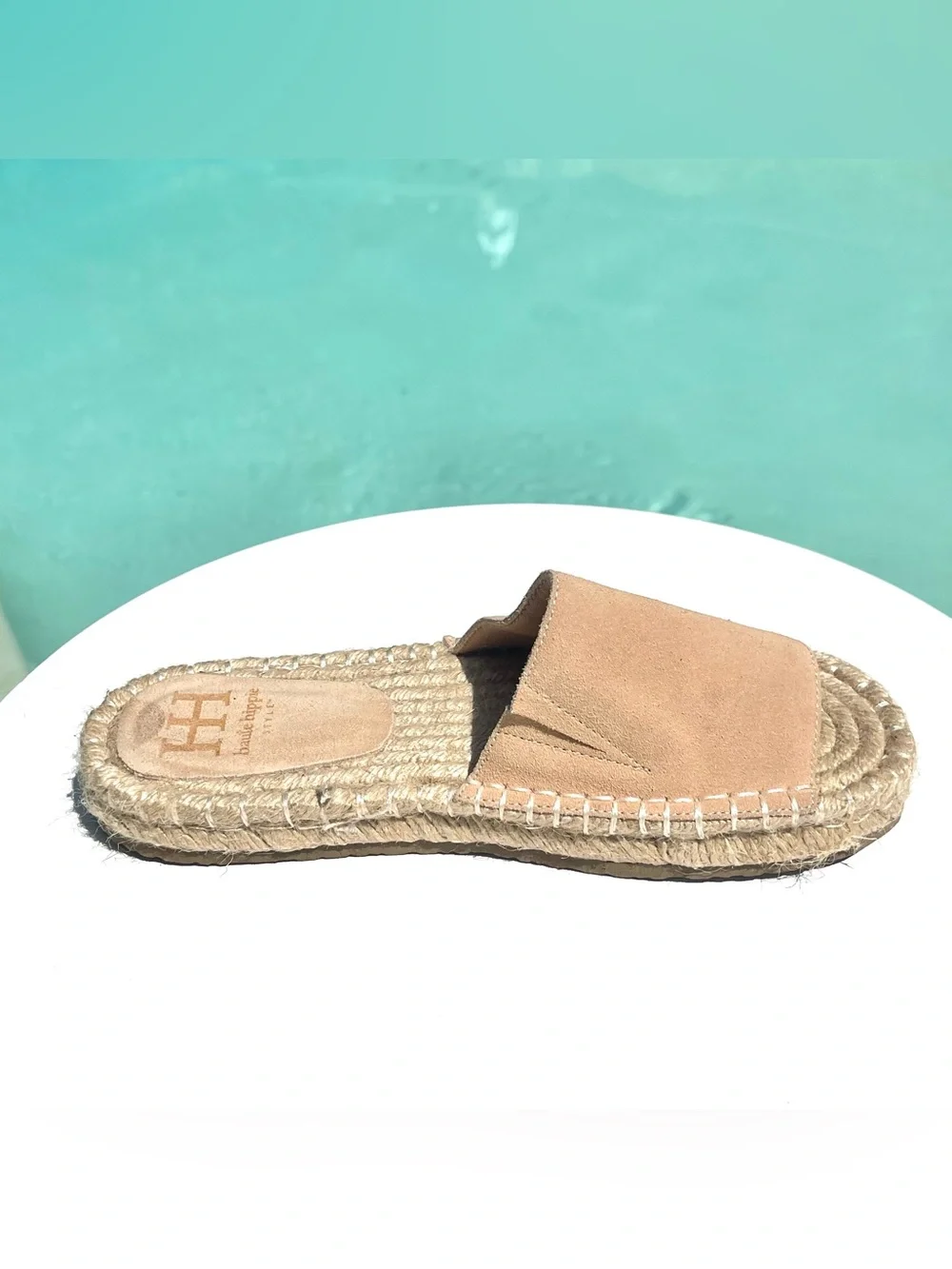 HAUTE HIPPIE Tan Suede Espadrille Slike Sandals Woven Rope Sole Size 7M